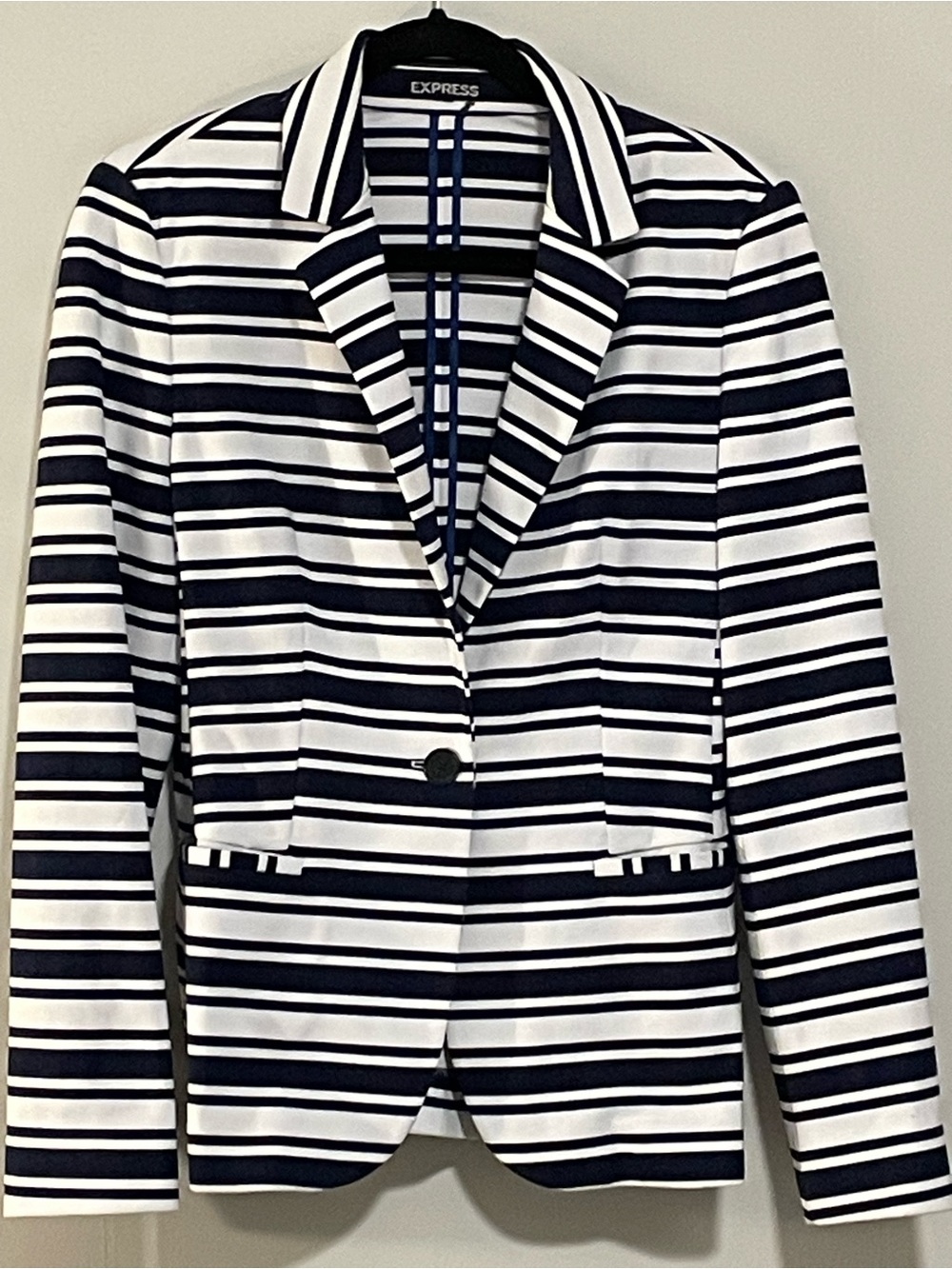 Express Navy and White Striped Single-Button Blazer. Item # 11607